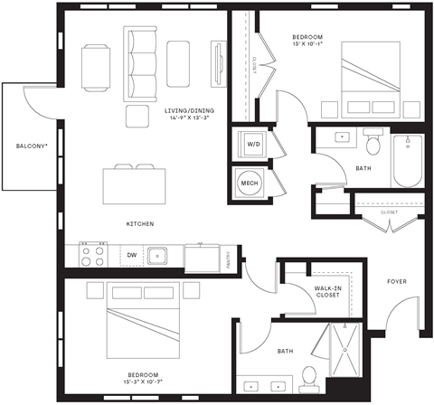 Floor plan for 2 beds, 2 baths, 1184 sqft